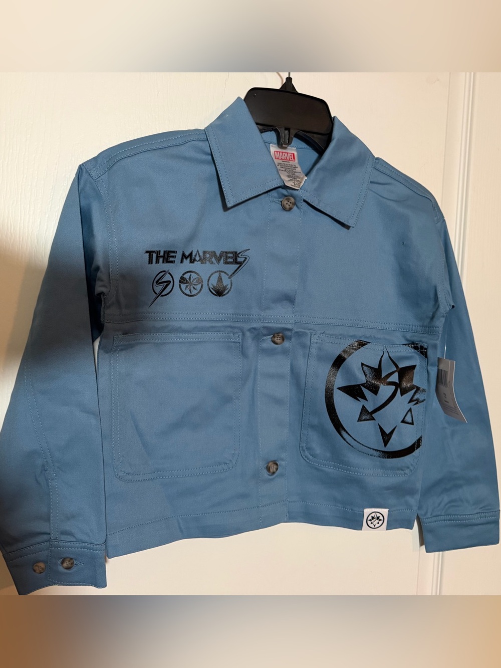 NWT Disney The Marvels Light Blue Logo Button-Up Jacket Girls Sz 7/8